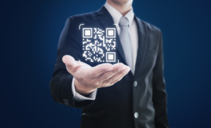man holding floating qr code